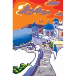 Malen Nach Zahlen Kunst Landschaft Meer Von Griechenland Mit Weißen Häusern Und Blauen Dächern