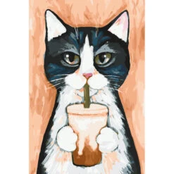 Malen Nach Zahlen Kunst Tier Schwarz-Weiße Katze Mit Glas In Den Pfoten