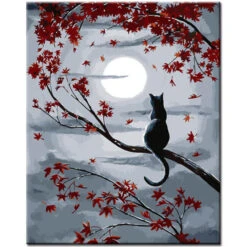 Malen Nach Zahlen Kunst Tier Katze Sitzt Auf Einem Ast Mit Roten Blättern