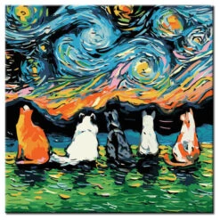 Malen Nach Zahlen Fünf Katzen Unter Buntem Himmel