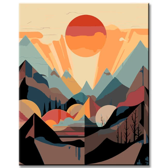 Malen Nach Zahlen - Minimalistische Landschaftsposter Mit Bergen Und Sonne 1 Malen Nach Zahlen - Minimalistische Landschaftsposter Mit Bergen Und Sonne
